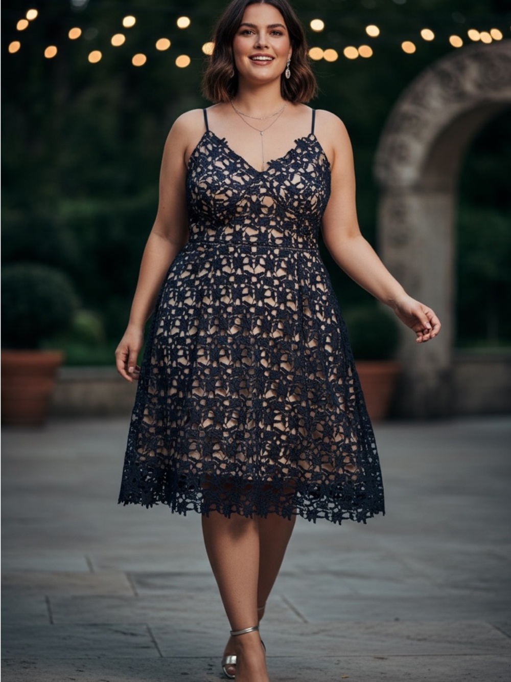 City Chic Navy Lace Midi Dress with Nude Lining